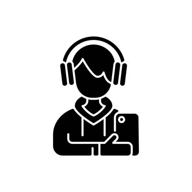 Genç çocuk, siyah sembol simgesi. Genç bir erkek. Ergenlik çağında. Duygusal gelişim. Okul stresi, akran sorunları. Ruh hali değişiklikleri. Büyüme patlaması. Beyaz uzayda siluet sembolü. Vektör izole illüstrasyonu