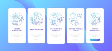 Mobil uygulama sayfasında konseptlerle yapılan düzenli kan testi. İlaç ve yiyecek olmadan 5 aşamalı grafik talimatlar. RGB renk resimleriyle UI vektör şablonu