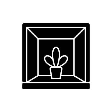 Bahçe pencereleri siyah sembol. Duvardan dışa doğru yansıyor. Bahçeyi kapalı tutmak. Yaşam alanına ışık girişi. Beyaz uzayda siluet sembolü. Vektör izole illüstrasyonu