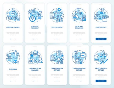 Mobil uygulama sayfasındaki konseptli üst düzey yönetim. Şirketin tam sahibi. Başkan Yardımcısı 10 aşamalı grafik talimatları gözden geçiriyor. RGB renk resimleriyle UI vektör şablonu