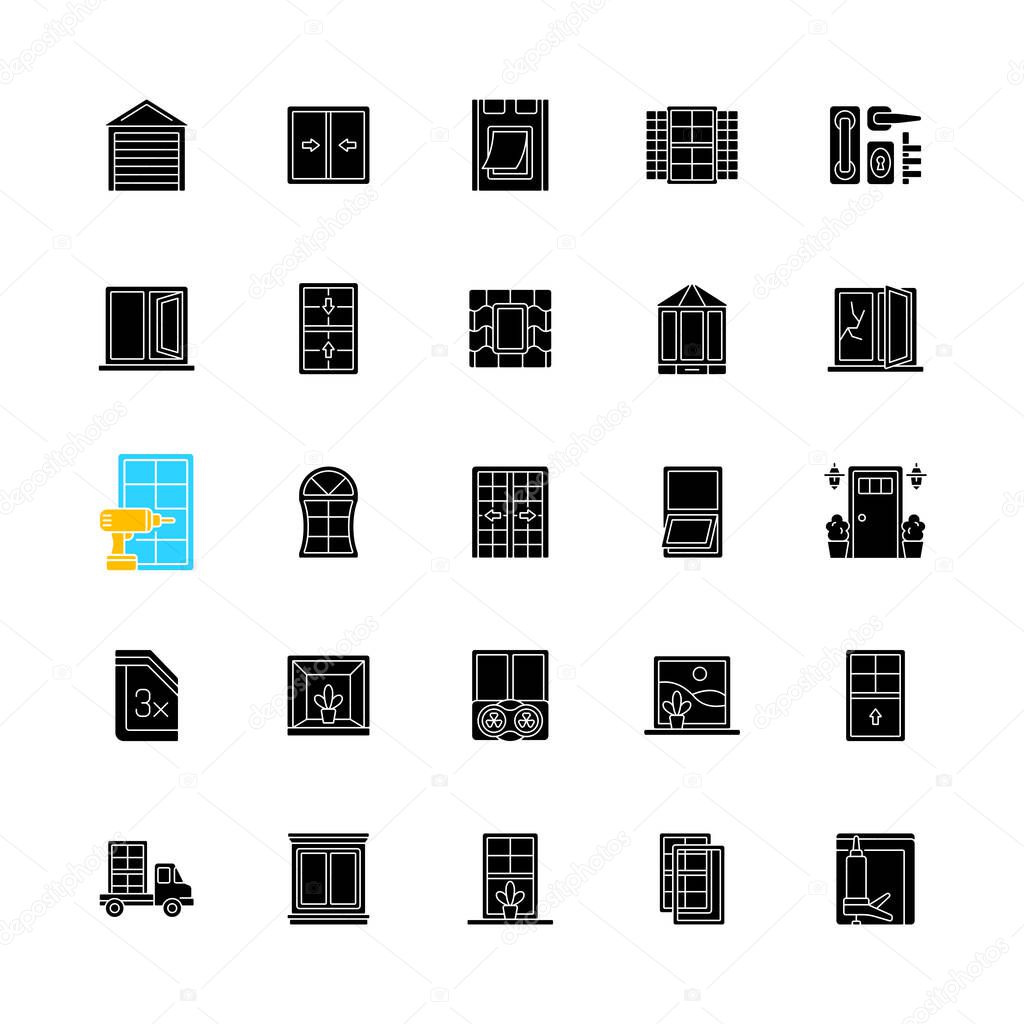 Window and door installation service black glyph icons set on white space. Increasing energy efficiency. Break-ins prevention. Maximum natural light. Silhouette symbols. Vector isolated illustration