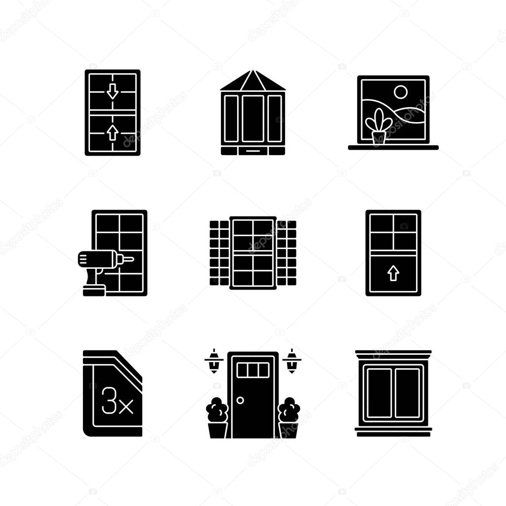 Installation services black glyph icons set on white space. Double-hung windows. Entry doors. Extending beyond exterior wall. Outside view maximizing. Silhouette symbols. Vector isolated illustration