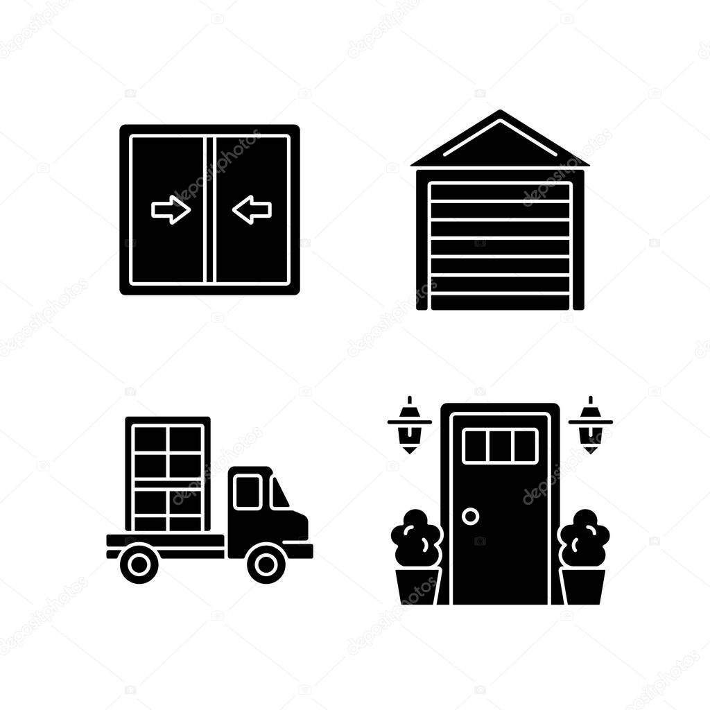 Replacement window opportunity black glyph icons set on white space. Sliding windows. Garage doors. Construction material delivery. Entry doors. Silhouette symbols. Vector isolated illustration