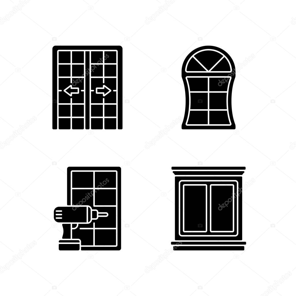 Replacement door opportunity black glyph icons set on white space. Patio doors. Unique styles and features. Home improvement. Decorative trim. Silhouette symbols. Vector isolated illustration