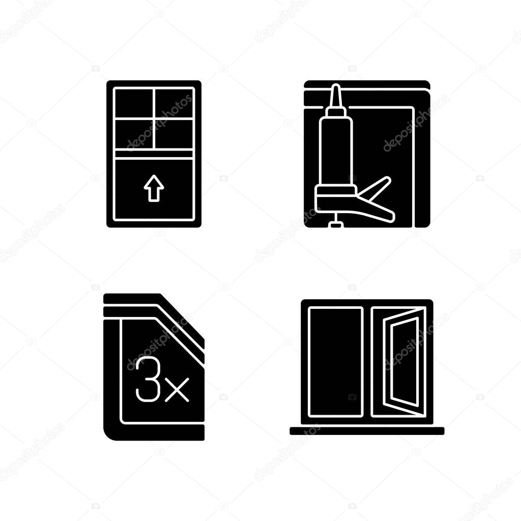 Residential window and door installation black glyph icons set on white space. Single-hung windows. Heat, cooling loss reduction. Ventilation control. Silhouette symbols. Vector isolated illustration