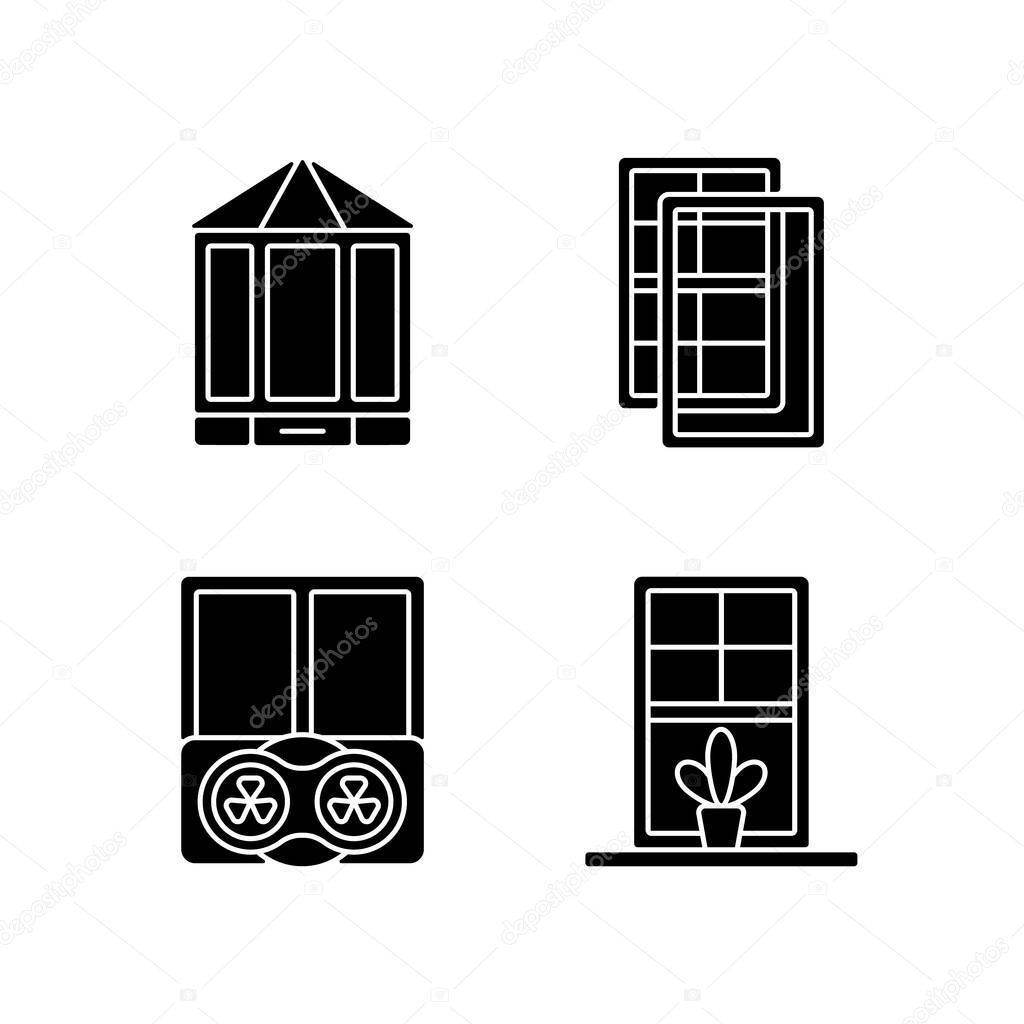 Doors replacement service black glyph icons set on white space. Bay and bow windows. Extra wind protection. Temperatures maintenance. Windowsills. Silhouette symbols. Vector isolated illustration