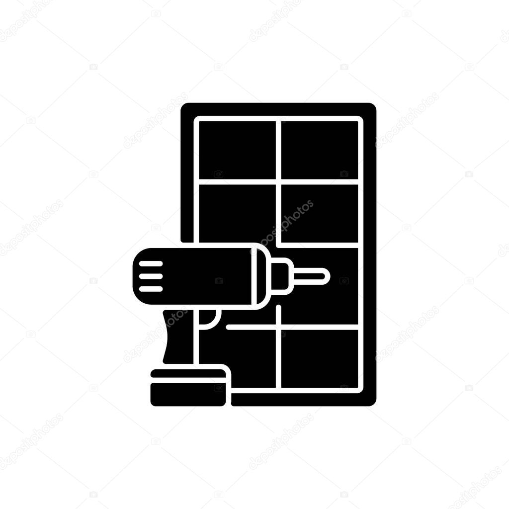 Window installation black glyph icon. Home improvement. Replacing whole-house old windows. Renovation and remodeling process. Silhouette symbol on white space. Vector isolated illustration