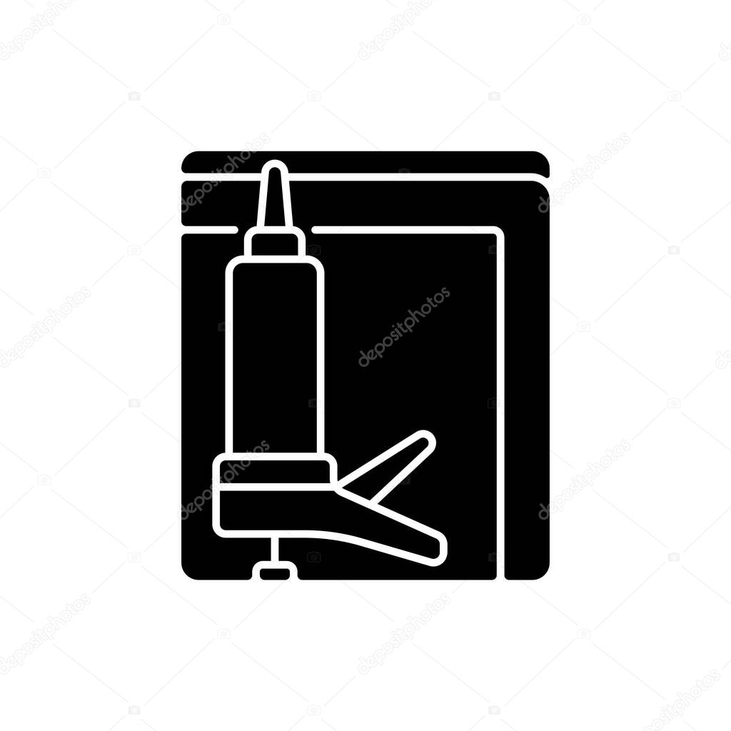 Window insulation black glyph icon. Heat, cooling loss reduction in house. Insulating barrier creation. Increasing energy efficiency. Silhouette symbol on white space. Vector isolated illustration