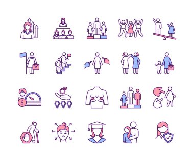 Feminizm RGB renk simgeleri ayarlandı. Kadınlar iş başında. Kadın bir lider. Cam tavan. Kadınlara karşı şiddet. Kariyer gelişimi. Hamilelik ayrımcılığı. Cinsiyet temelli istismar. İzole vektör çizimleri