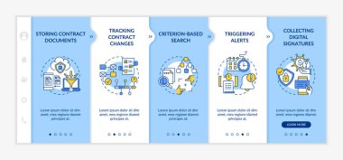 Kontrat yönetimi yazılım fonksiyonları vektör şablonunda. Kontrat belgeleri saklanıyor. Simgeli ilgili mobil web sitesi. Web sayfası basamak ekranları. RGB renk kavramı