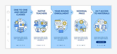 Online yabancı dil kursları biniş vektör şablonu. Bire bir dersler. Yıl boyunca kaydoldum. Simgeli ilgili mobil web sitesi. Web sayfası basamak ekranları. RGB renk kavramı