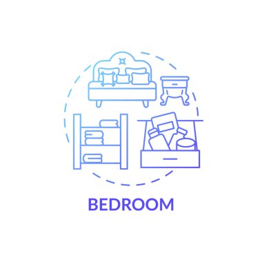Yatak odası mavi gradyan konsept simgesi. Evle ilgili ince çizgiler çiziyorum. Uyu ve rahatla. Havalandırma odası. Dağınıklık ve temizlik. Vektör izole edilmiş RGB renk çizimi