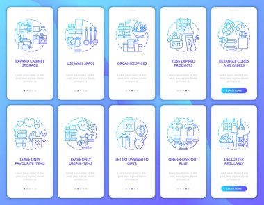Mobil uygulama sayfası ekranında kavramlarla birlikte duvar alanı kullanılıyor. İstenmeyen hediyelerin gitmesine izin vermek 5 aşamalı grafik talimatlar. RGB renk resimleriyle UI vektör şablonu