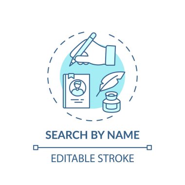 İsim konsepti simgesine göre ara. Dost canlısı arama araçları ince çizgi çizimi fikri. Çevrimiçi kütüphane arama sistemi. Yeni teknolojiler. Vektör izole edilmiş RGB renk çizimi. Düzenlenebilir vuruş
