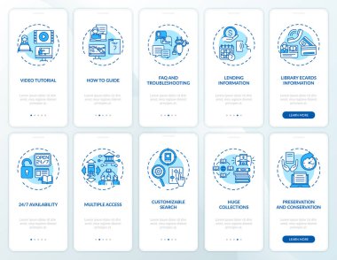 Çevrimiçi kütüphane mobil uygulama sayfası ekranında kavramlarla birlikte. Dijital kütüphanelerin türleri 10 adım grafik talimatlarını inceliyor. RGB renk resimleriyle UI vektör şablonu