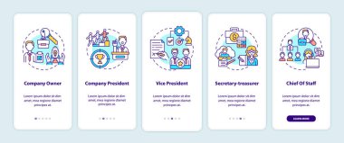 Mobil uygulama sayfasında konseptlerle birlikte şirket üst düzey yönetici işleri. Şirket sahibi 5 basamaklı grafik talimatları gözden geçiriyor. RGB renk resimleriyle UI vektör şablonu