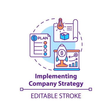 Şirket stratejisi konsepti ikonu uygulanıyor. Üst düzey yönetici görevleri. Geliştirme planı hazırlanıyor. Örgüt fikri ince çizgi çizimi. Vektör izole edilmiş RGB renk çizimi. Düzenlenebilir vuruş