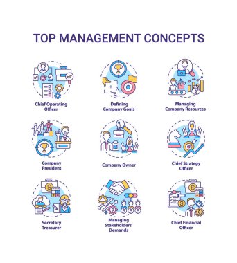 Üst yönetim konsepti simgeleri ayarlandı. Hissedarların taleplerini yönetmek. Genel müdür. Örgüt fikri ince çizgi RGB renk çizimleri. Vektör izole çizimler. Düzenlenebilir vuruş