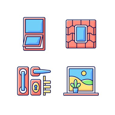 Pencere değiştirme servisi RGB renk simgeleri ayarlandı. Tente camları. Tavan penceresi açılıyor. Kapı donanımı. Aşağıdan dışa açılıyor. Evin tavanına kuruluyor. İzole vektör çizimleri