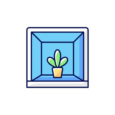 Bahçe pencereleri RGB renk simgesi. Duvardan dışa doğru yansıyor. Bahçeyi kapalı tutmak. Yaşam alanına ışık girişi. Üç boyutlu cam pencere. Bitkiler için yer var. İzole vektör illüstrasyonu