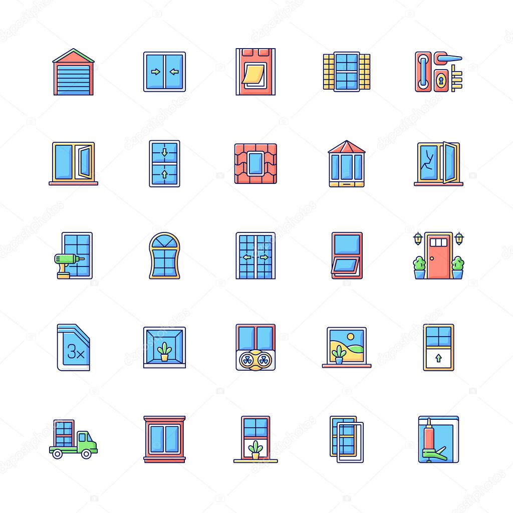 Window and door installation service RGB color icons set. Increasing energy efficiency. Break-ins prevention. Maximum natural light. Ventilation control. Isolated vector illustrations