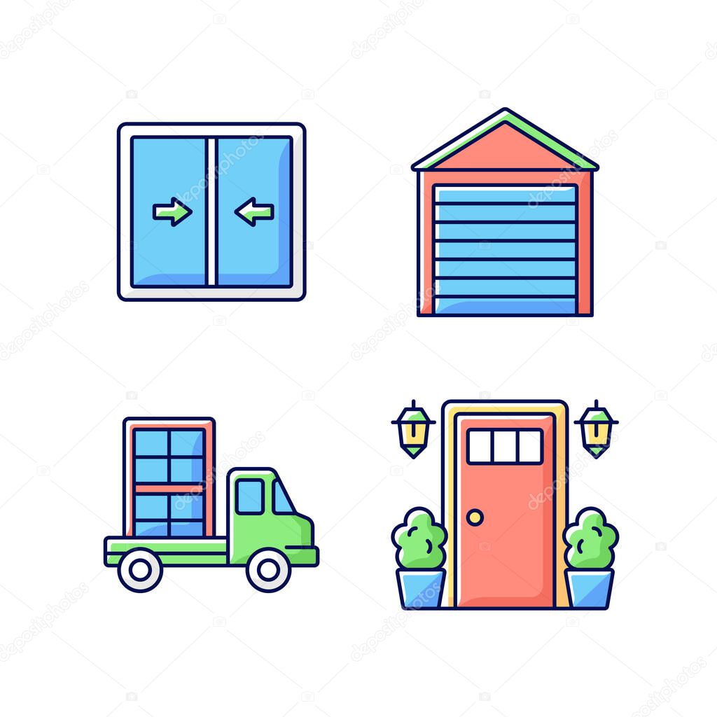 Replacement window opportunity RGB color icons set. Sliding windows. Garage doors. Construction material delivery. Entry doors. Sliding sashes side-to-side. Parking car. Isolated vector illustrations