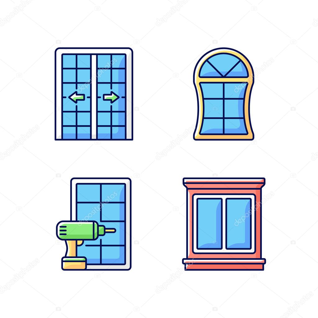 Replacement door opportunity RGB color icons set. Patio doors. Unique styles, features. Home improvement. Decorative trim. Architecture and construction. Special shapes. Isolated vector illustrations