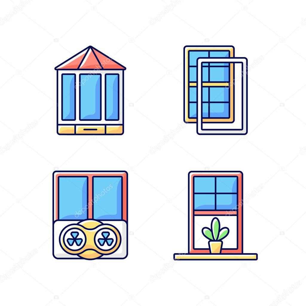Doors replacement service RGB color icons set. Bay and bow windows. Extra wind protection. Temperatures maintenance. Windowsills. Extending beyond exterior wall. Isolated vector illustrations