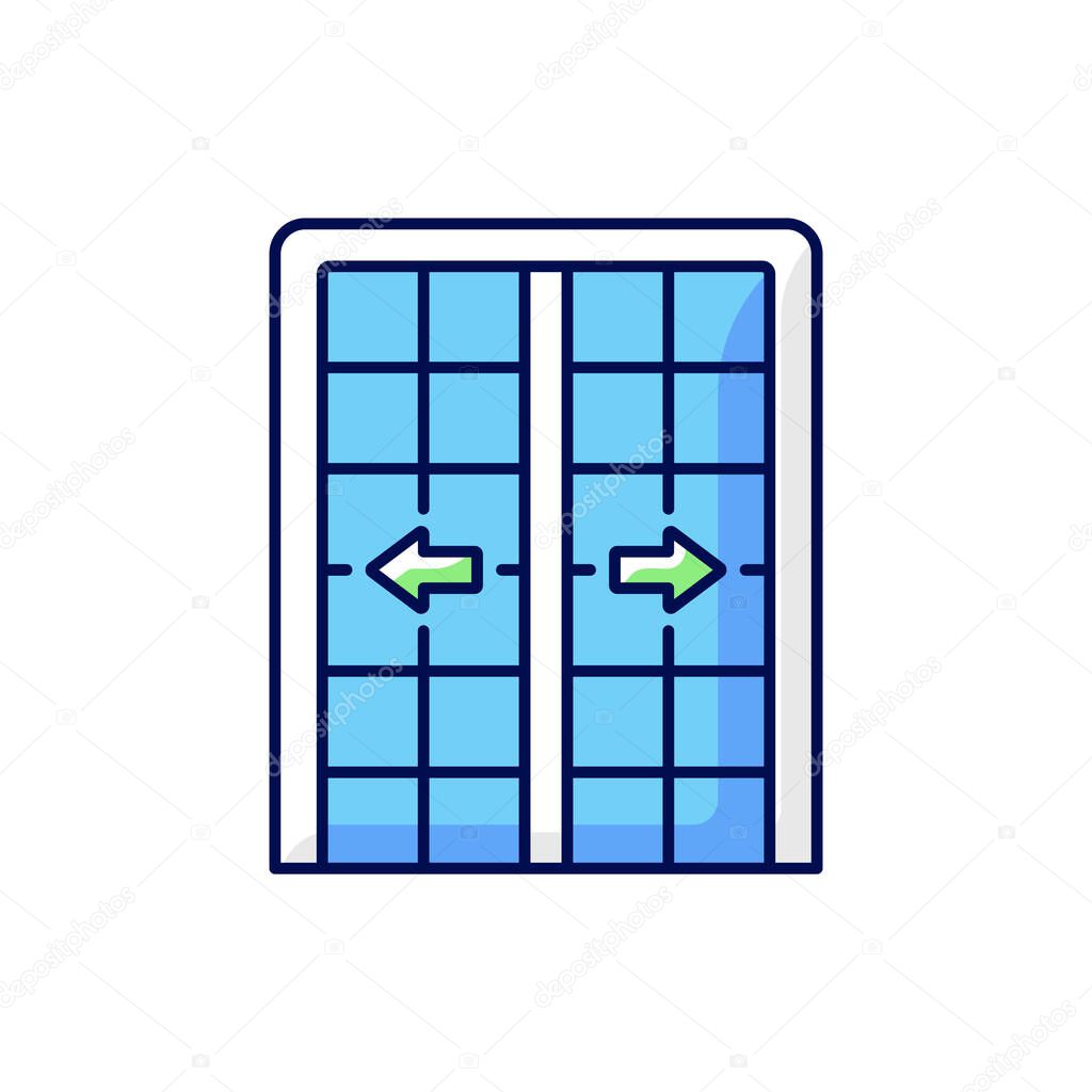 Patio doors RGB color icon. Sliding glass door. Architecture, construction. Large glass window opening. Access from room to outdoors. Allowance maximum light into home. Isolated vector illustration