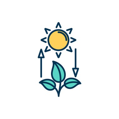 Yetkili fotosentez RGB renk simgesi. Güneş ışığından gelen enerjiyi kullanarak. Yeşil bitkiler, yapraklar, çiçekler. Fotosentetik organizma. Işığı kimyasal enerjiye dönüştürüyorum. İzole vektör illüstrasyonu