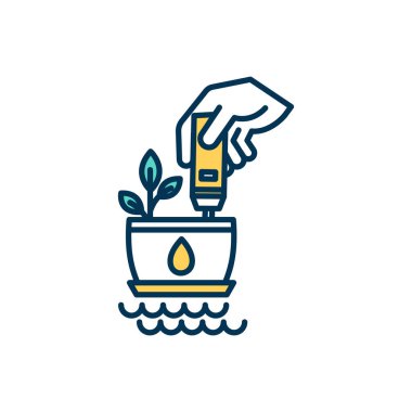 Dengeli gübre RGB renk simgesi. Elde tutulan nem ölçer. Düzgün toprak. Topraktaki su seviyesini sağlıyorum. Kök sistemleri ve çiçek üretimini arttırıyorum. İzole vektör illüstrasyonu