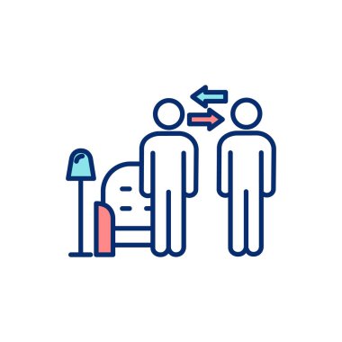 Misafirperverlik değiş tokuşu RGB renk simgesi. Evde kalma özelliği. Yerel bir evde ve dairede kalıyor. Kalacak yer paylaşımı. Konukseverlik servisi. Ev ödevi. Ekonomi paylaşımı. İzole vektör illüstrasyonu