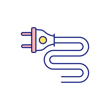 Kablo karışıklıkları RGB renk simgesi. Kablolar saklanıyor. Uzay organizasyonu sorunu. Elektronik aletler ve ev aletleri. Soket ve uzatma kablosu. Kablolar için örtü. İzole vektör illüstrasyonu