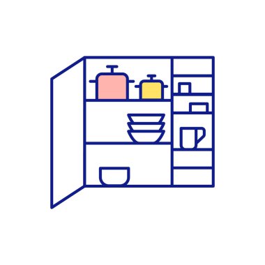 Ev RGB renk simgesinde boş yer bulmak. Bulaşık ve tavalarla dolu bir gardırop. Mutfaktaki dolaplar ve raflar. Dağınıklık ve düzenleme. Depo sıkıntısı. İzole vektör illüstrasyonu