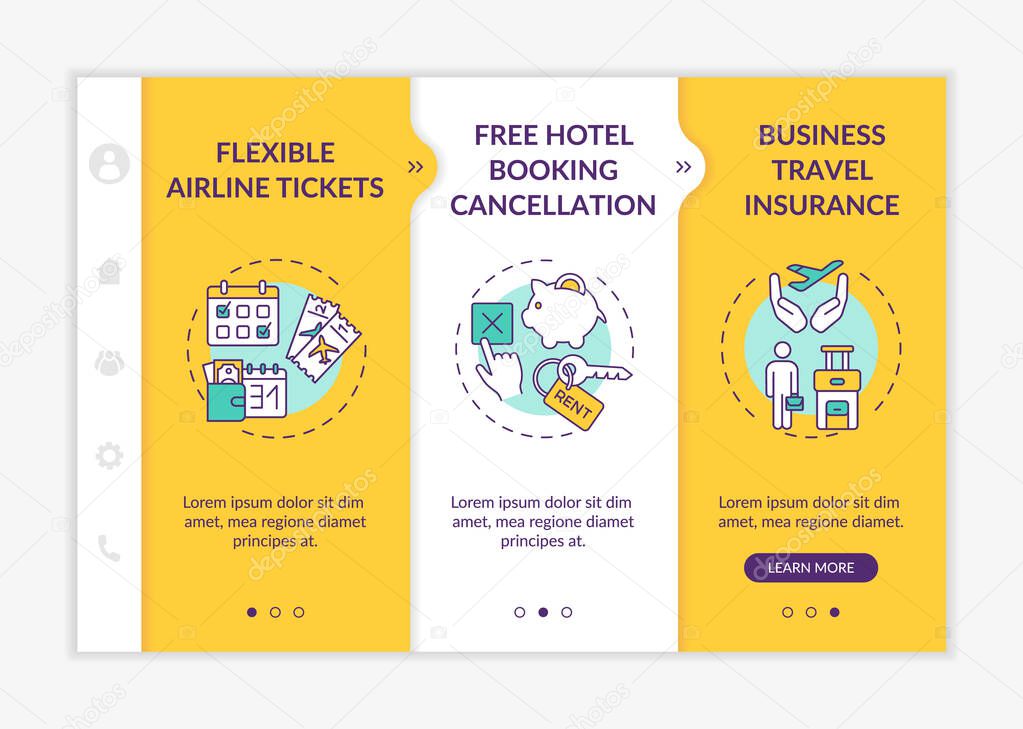 Covid related marketing tips onboarding vector template. Flexible airline tickets. Hotel booking cancellation. Responsive mobile website with icons. Webpage walkthrough step screens. RGB color concept