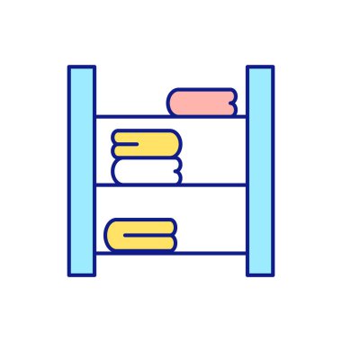 Temizlik dolabı RGB renk simgesi. Gardırop analizi ve genel temizlik. Giysileri konteynır ve raflarda ayırmak. Eşyaları dolaba koyuyorum. İzole vektör illüstrasyonu