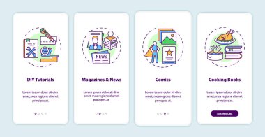 Çevrimiçi kütüphane kataloğu konseptli mobil uygulama sayfası ekranında. DIY Dersleri, yemek kitapları, dört aşamalı grafik talimatlar. RGB renk resimleriyle UI vektör şablonu