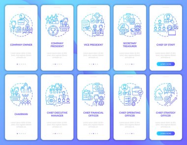 Mobil uygulama sayfasındaki konseptli üst düzey yönetim. Kontrol organizasyonu. Şirketin CEO 'su 10 adım grafik talimatları inceliyor. RGB renk resimleriyle UI vektör şablonu