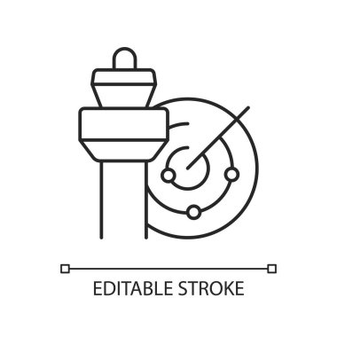 Hava trafik kontrol tebeşirle doğrusal simge. Radar ve kontrol kulesi. Sivil havacılık güvenliği. İnce çizgi özelleştirilebilir illüstrasyon. Contour sembolü. Vektör izole çizim. Düzenlenebilir vuruş
