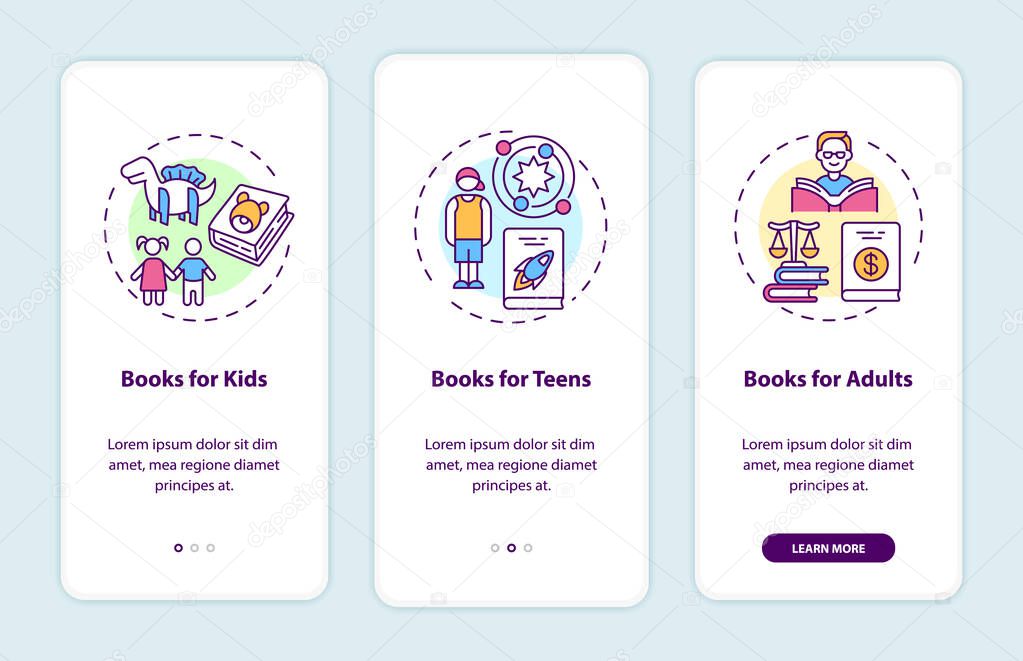 Online library categories onboarding mobile app page screen with concepts. Books for teens walkthrough 3 steps graphic instructions. UI vector template with RGB color illustrations
