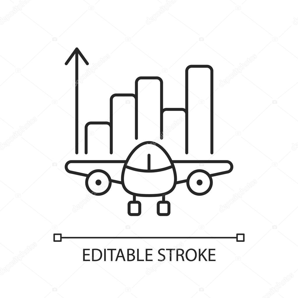 Aviation analytics chalk linear icon. Civil aviation management. Company budget optimization. Thin line customizable illustration. Contour symbol. Vector isolated outline drawing. Editable stroke