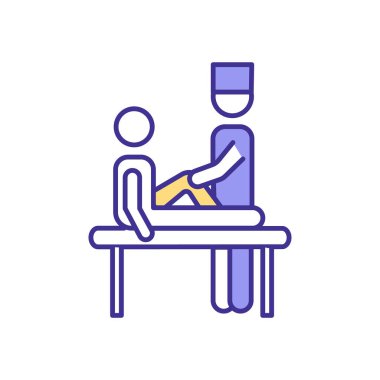 Diz ağrısı için masaj RGB renk simgesi. Eklemler ve kemikler için ısınma. Acısını hafifletiyor. Masaj terapisi. Kas gevşemesi, hazırlık. Acı verici, hassas bölge tanımlaması. İzole vektör illüstrasyonu