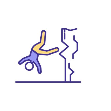 Yüksekten düşen RGB renk simgesi. Yüksek binadan düşmek. Bedensel yaralanmalar. İnşaat sektörü kazaları. İş yerinde kişisel travma. İzole vektör illüstrasyonu