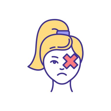 Göz travması RGB renk simgesi. Bir gözde kalıcı görme kaybı, körlük. Göz kaybı var. Retinası kopmuş. Kimyasal yanıklar, kesikler ve delikler. Görüş bozukluğu. İzole vektör illüstrasyonu