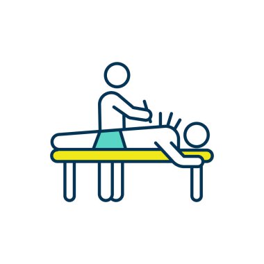 Akupunktur tedavisi RGB renk simgesi. Kas rahatsızlığı rahatlatıcı. Deriye çelik iğneler batırıyor. Alternatif terapi. Kronik sırt ağrısı tedavisi. Mide bulantısını kontrol ediyor. İzole vektör illüstrasyonu