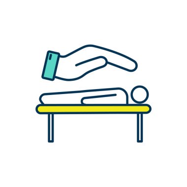 Elle iyileştirme RGB renk simgesi. Kayropraktik bakım. Reiki alıştırması. Avuç içlerindeki enerjiyi hastalara aktarıyorum. Fiziksel, ruhsal sağlık desteği. Vücut enerjisini geri yüklüyorum. İzole vektör illüstrasyonu