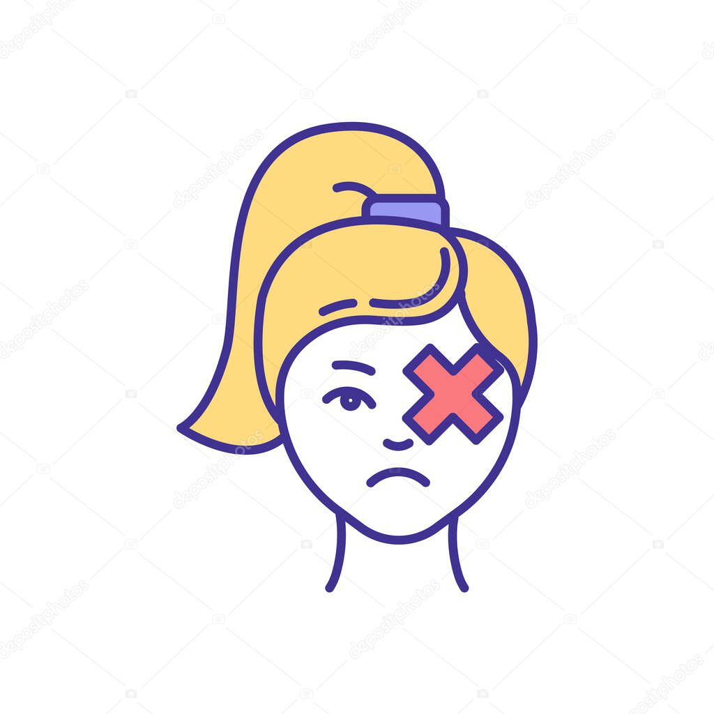 Eye trauma RGB color icon. Permanent vision loss in one eye, blindness. Eyeball loss. Detached retina. Chemical burns, cuts and punctures. Impaired vision. Isolated vector illustration