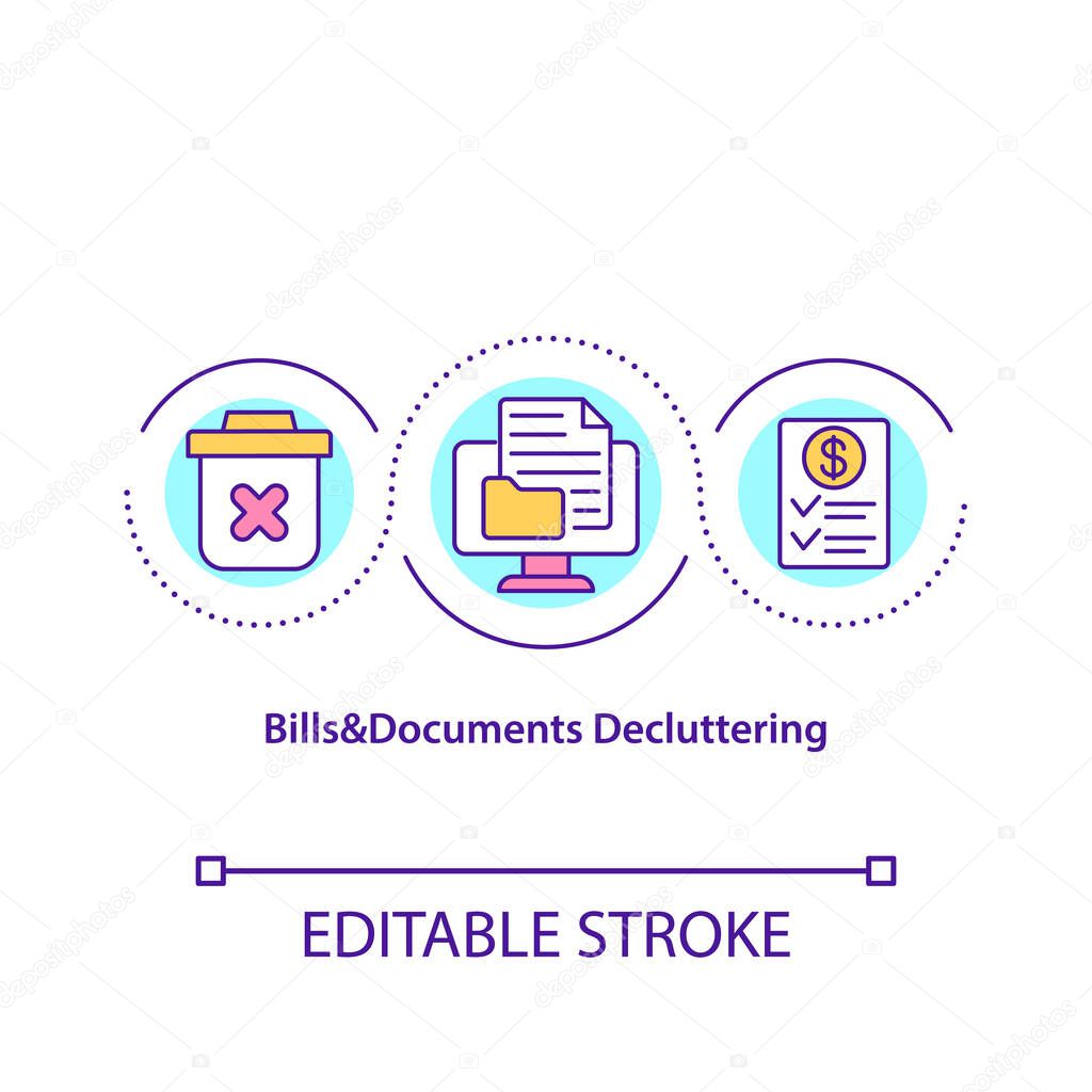 Bills and documents decluttering concept icon. Centralize your papers. Know what to save and for how long. Tidy idea thin line illustration. Vector isolated outline RGB color drawing. Editable stroke
