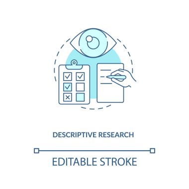 Tanımlayıcı araştırma konsepti ikonu. Bilimsel metot fikri ince çizgi çizimi. Analiz ve sunum verileri. Vektör izole edilmiş RGB renk çizimi. Düzenlenebilir vuruş