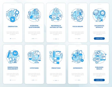 Mobil uygulama sayfası ekranında konseptlerle bilim araştırması. Deneyler ve hipotez 5 aşamalı grafik talimatlar. RGB renk resimleriyle UI vektör şablonu